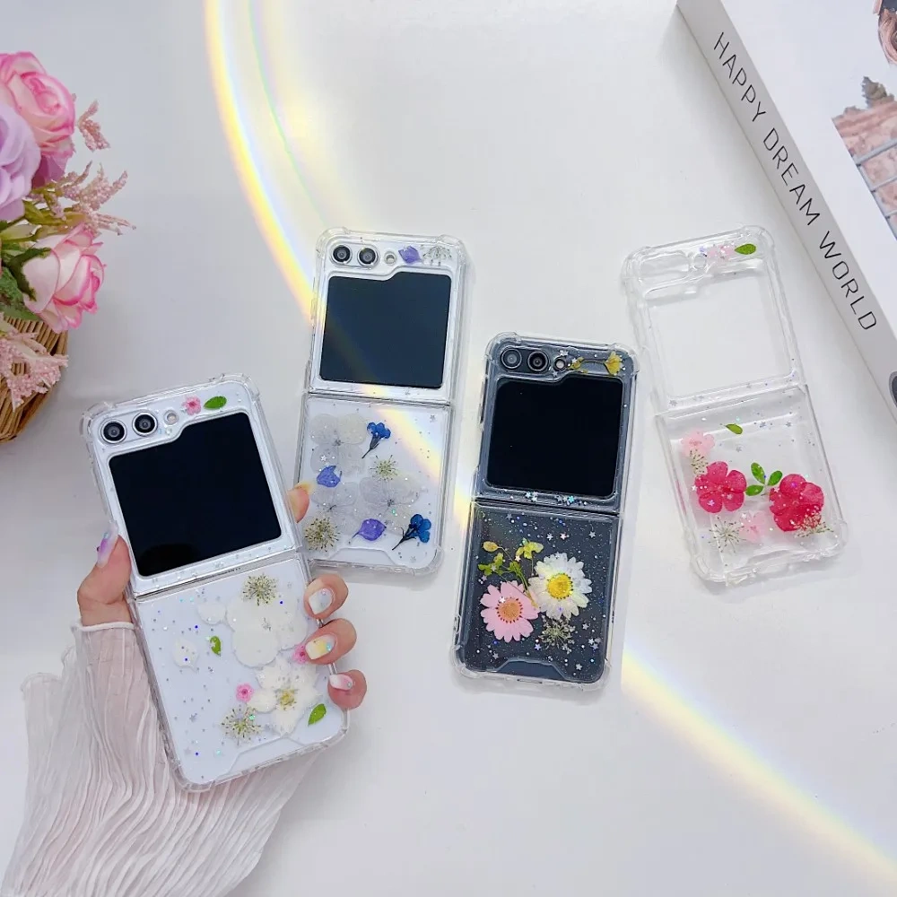 For Samsung Galaxy Z Flip 5 4 3 ZFlip5 Case Dried Flower Bling Glitter Transparent Folding Shockproof Protection Hard Back Cover