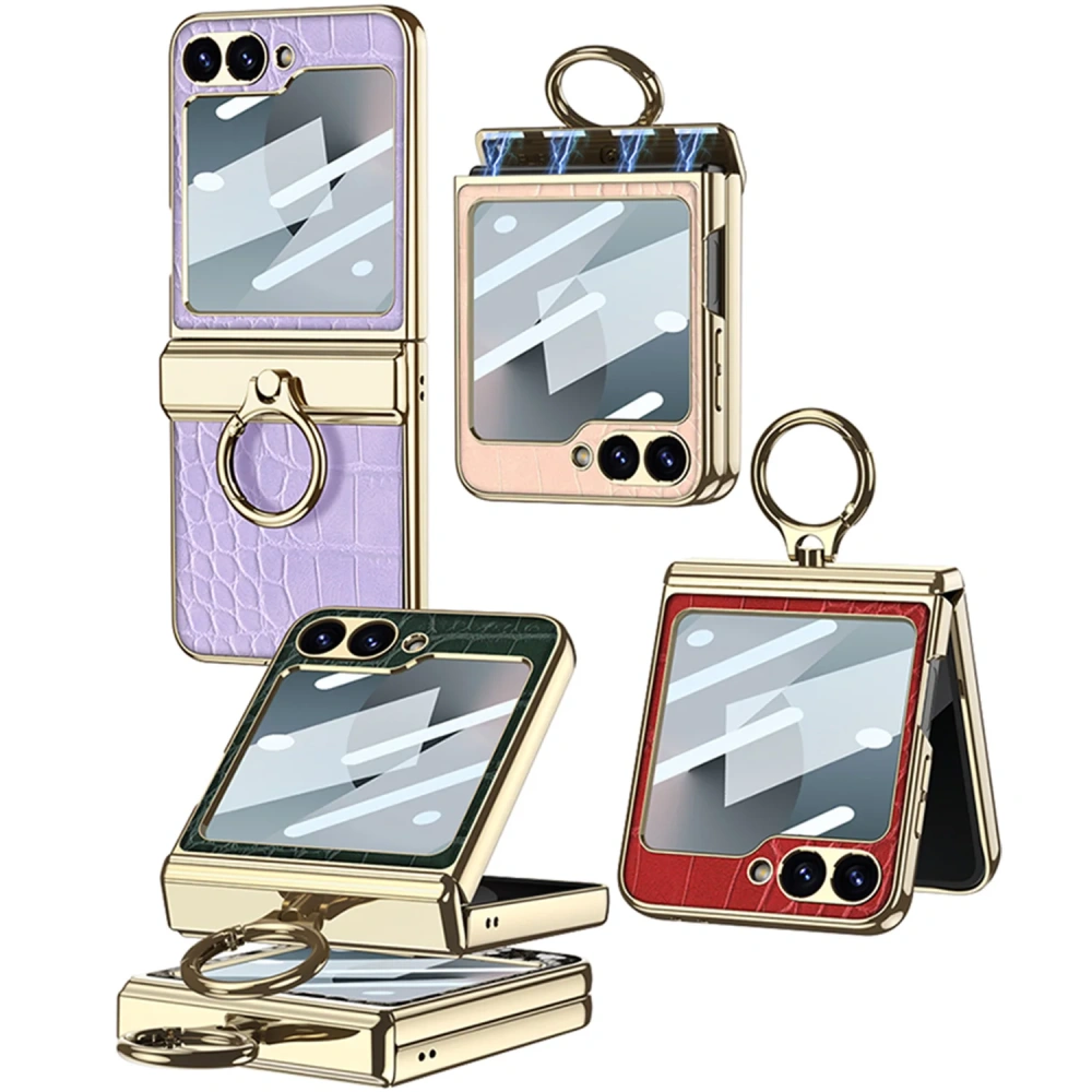 Luxury Plating Leather case for Samsung Galaxy Z Flip 6 magnetic all-included hinge ring holder cover for Galaxy Z flip 5 case