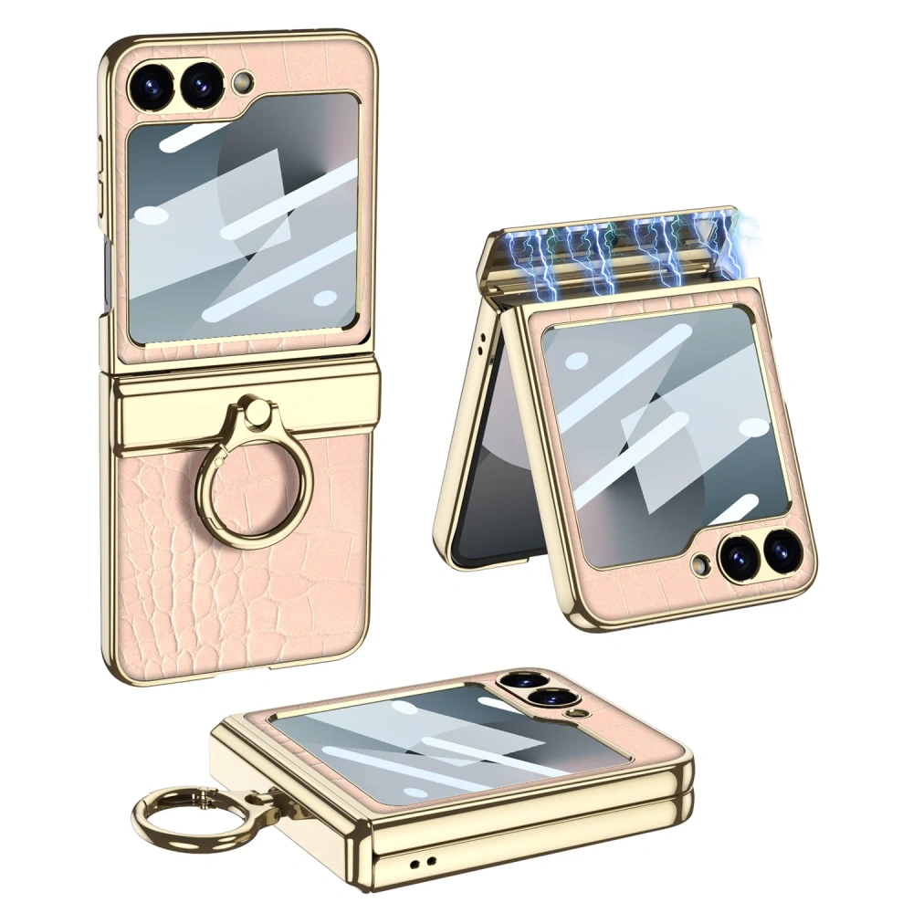 Luxury Plating Leather case for Samsung Galaxy Z Flip 6 magnetic all-included hinge ring holder cover for Galaxy Z flip 5 case