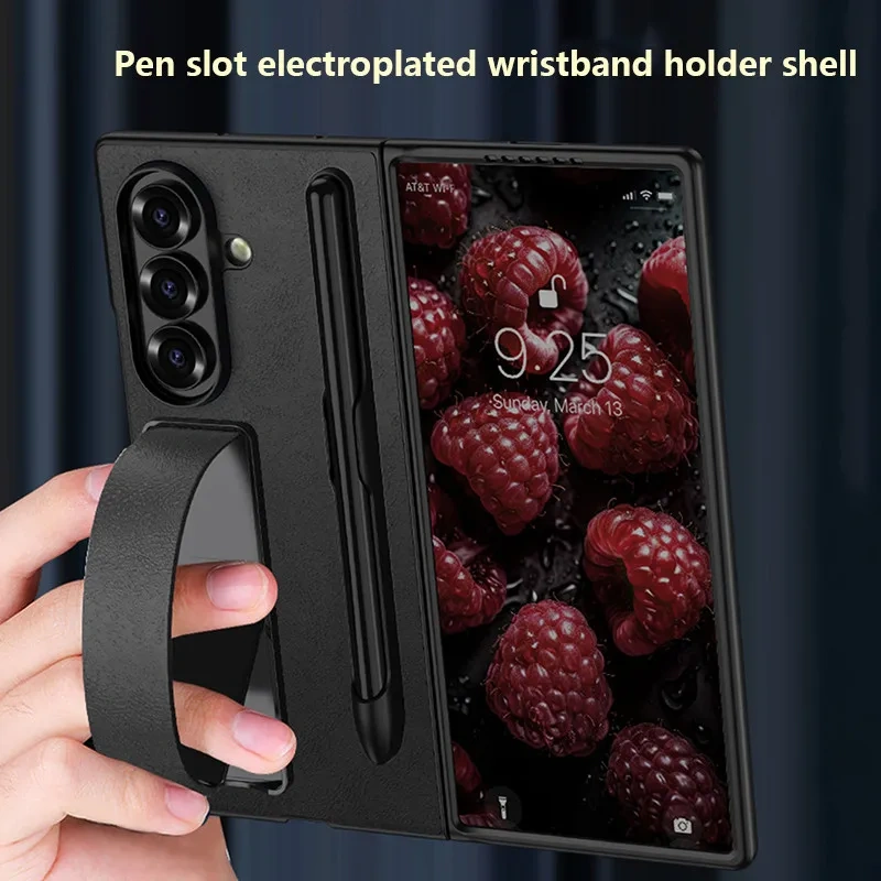 For Samsung Galaxy Z Fold 7 Z Fold 6 5G With Pen $ Pen Slot Folding Protective Cover Electroplated Wristband Holder Case