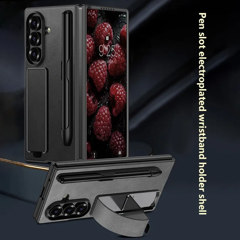 For Samsung Galaxy Z Fold 7 Z Fold 6 5G With Pen $ Pen Slot Folding Protective Cover Electroplated Wristband Holder Case