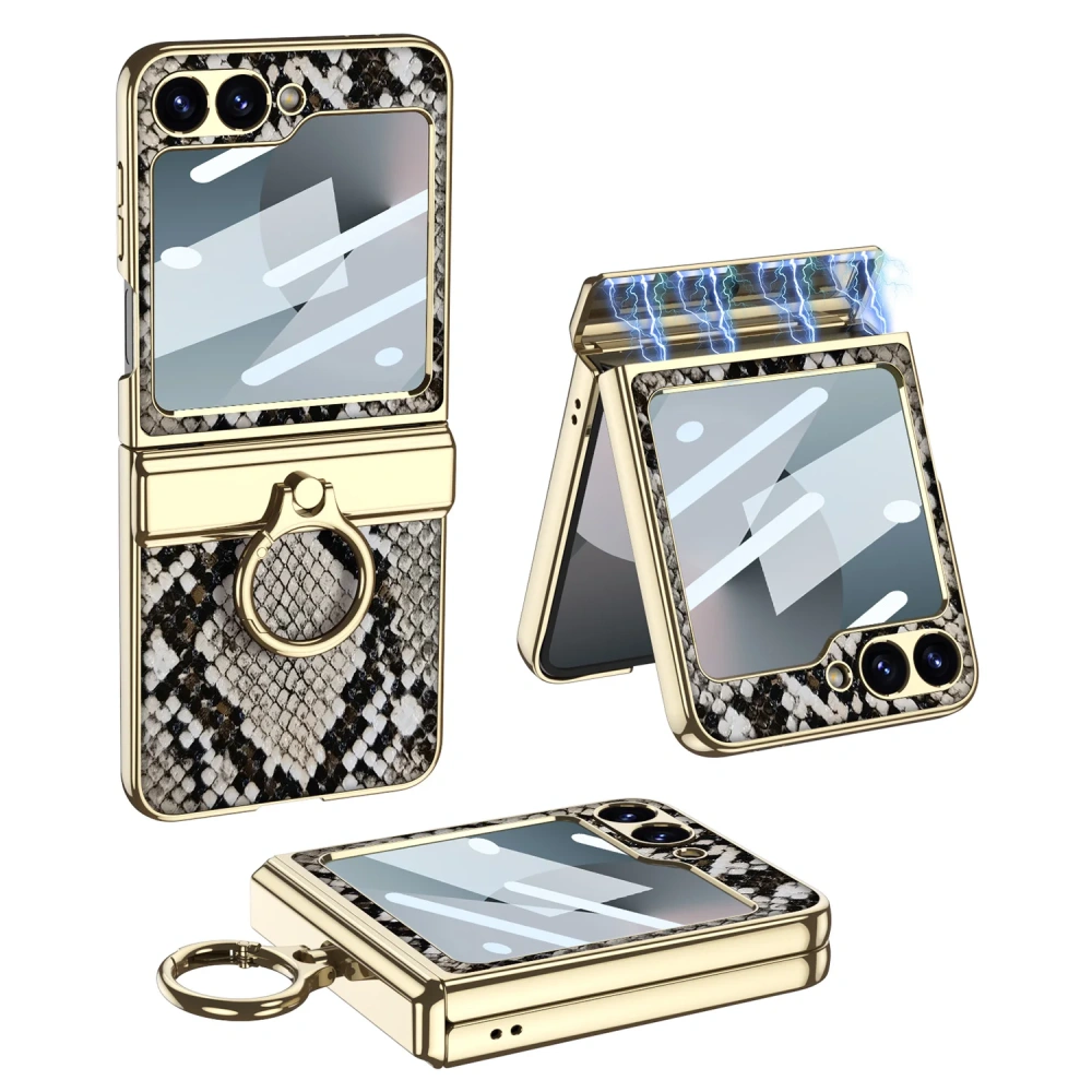 Luxury Plating Leather case for Samsung Galaxy Z Flip 6 magnetic all-included hinge ring holder cover for Galaxy Z flip 5 case