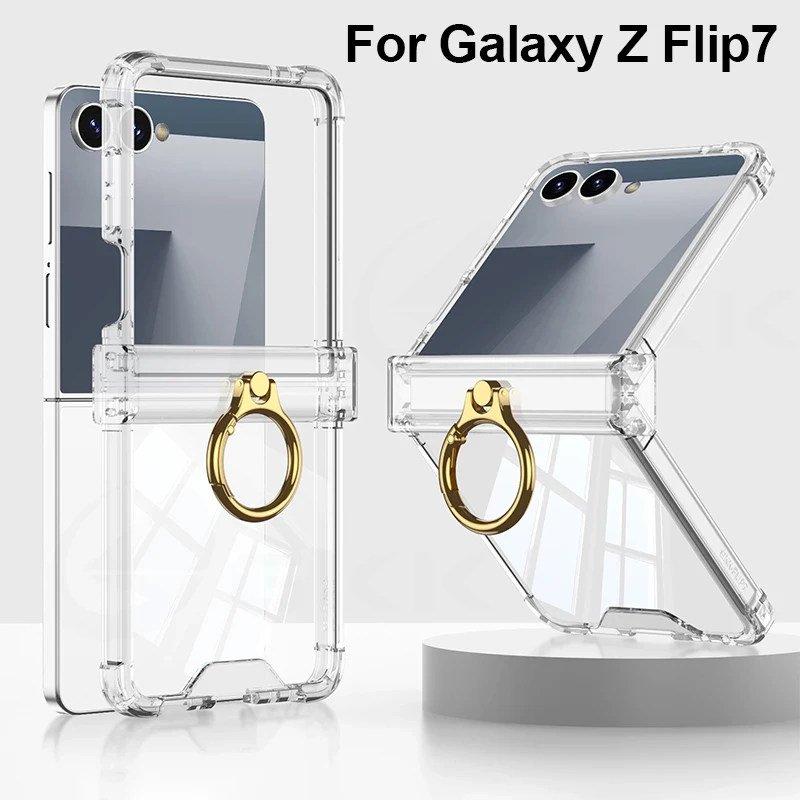 Silicone Airbag Bumper Soft Case for Samsung Galaxy Z Flip 7 Case All-included Hinge Ring Holder Cover For Galaxy Z Flip7 6 5