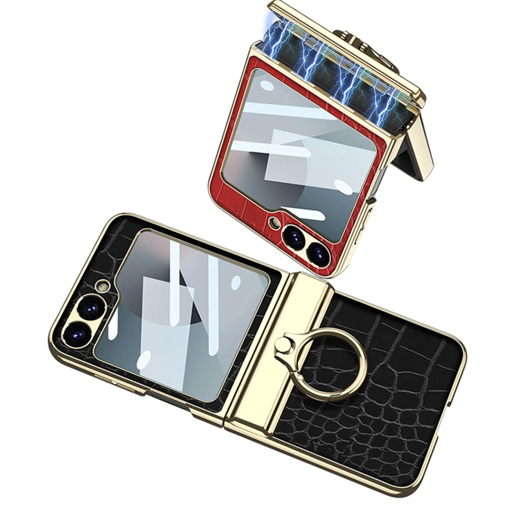 Luxury Plating Leather case for Samsung Galaxy Z Flip 6 magnetic all-included hinge ring holder cover for Galaxy Z flip 5 case