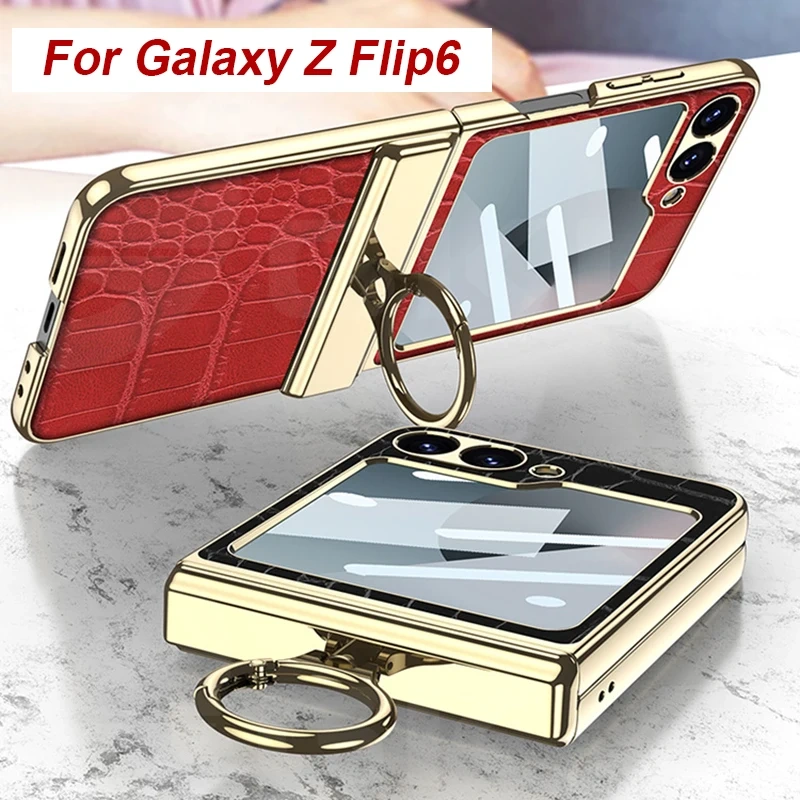 Luxury Plating Leather case for Samsung Galaxy Z Flip 6 magnetic all-included hinge ring holder cover for Galaxy Z flip 5 case