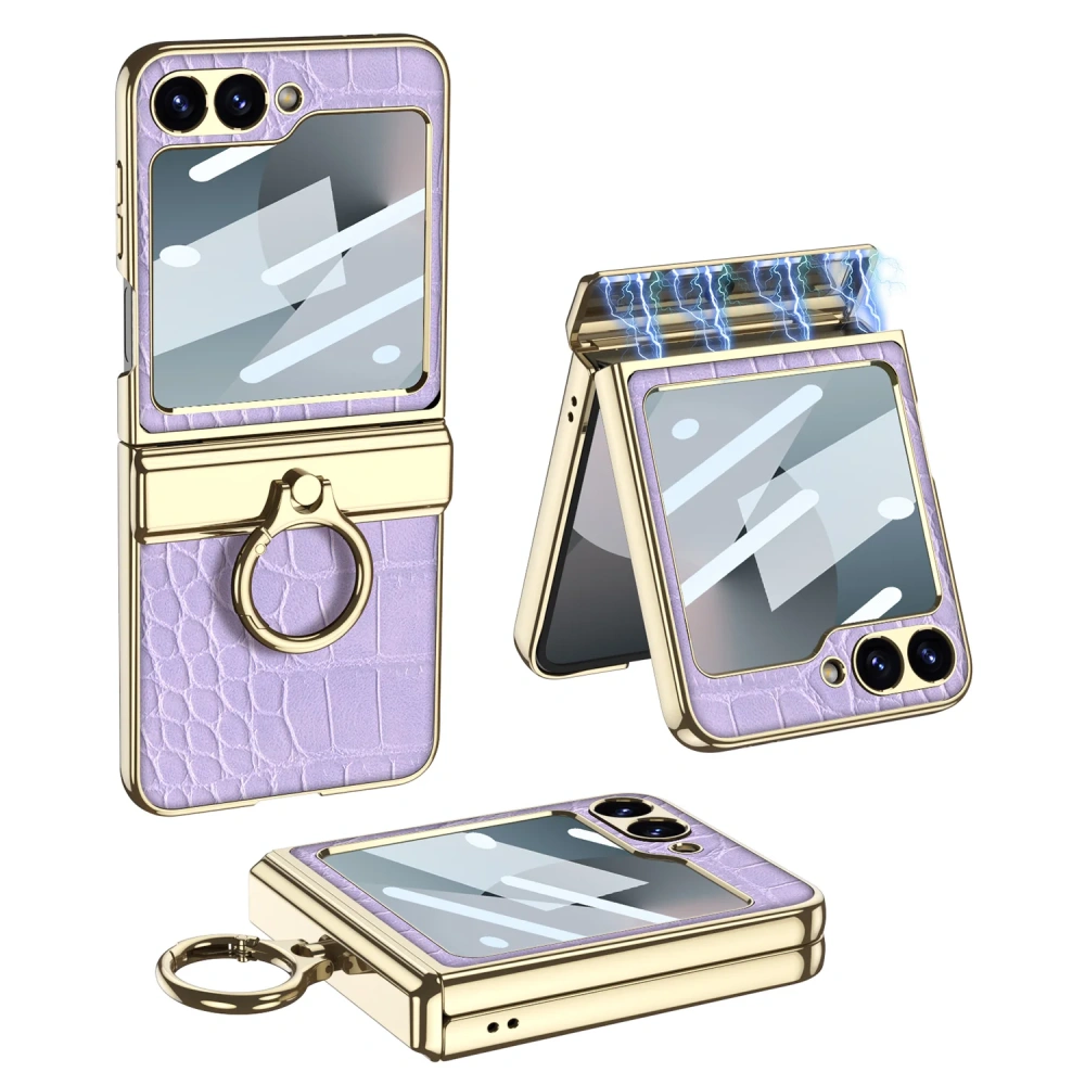 Luxury Plating Leather case for Samsung Galaxy Z Flip 6 magnetic all-included hinge ring holder cover for Galaxy Z flip 5 case