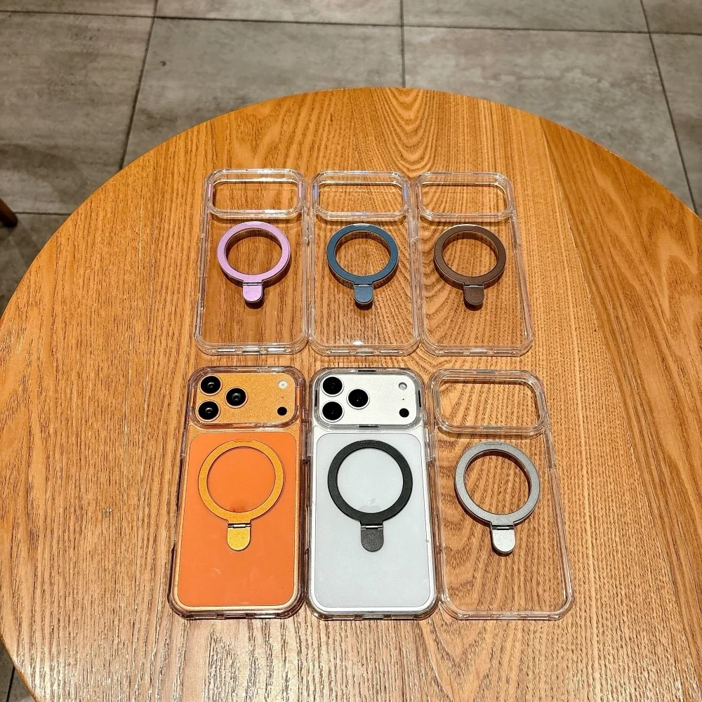 Metal Ring Holder Clear Bumper Case For iPhone 17 Air 16 15 14 Plus 13 12 11 Pro Max For iPhone Magnetic Hard Acrylic Cover