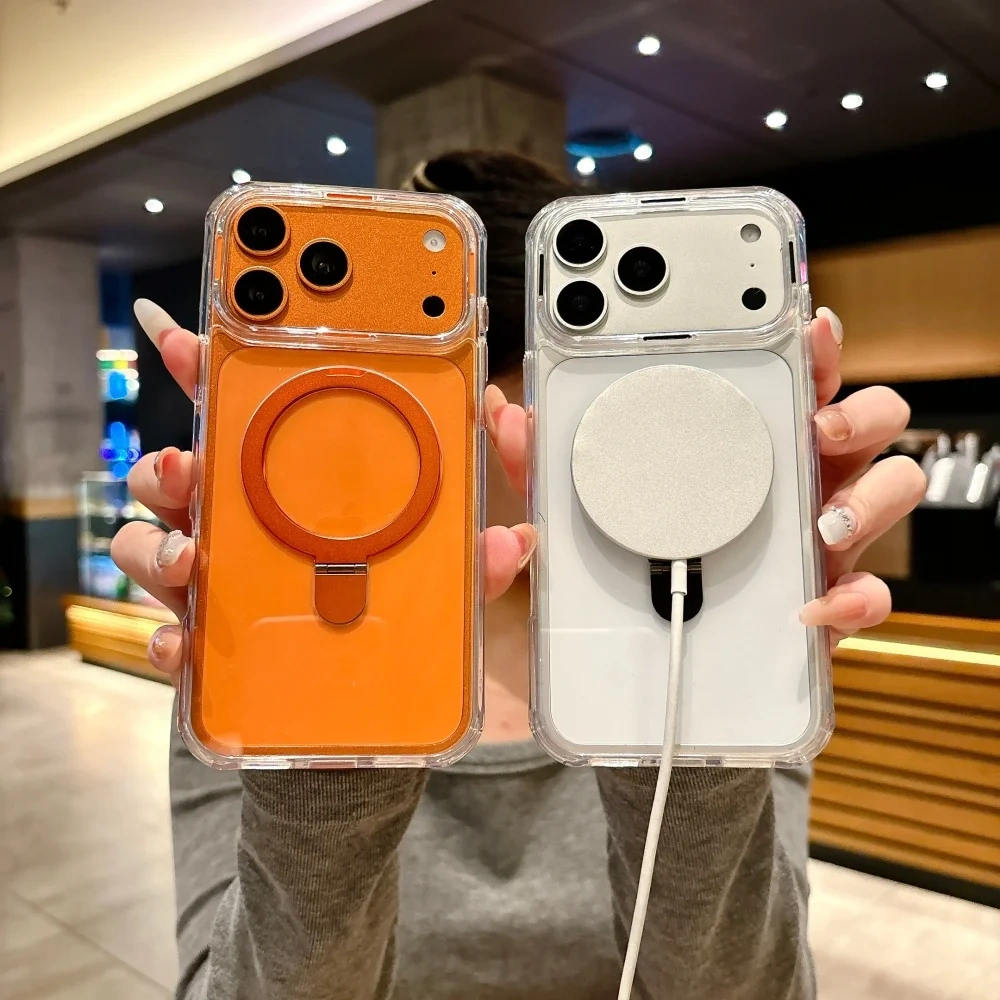 Metal Ring Holder Clear Bumper Case For iPhone 17 Air 16 15 14 Plus 13 12 11 Pro Max For iPhone Magnetic Hard Acrylic Cover
