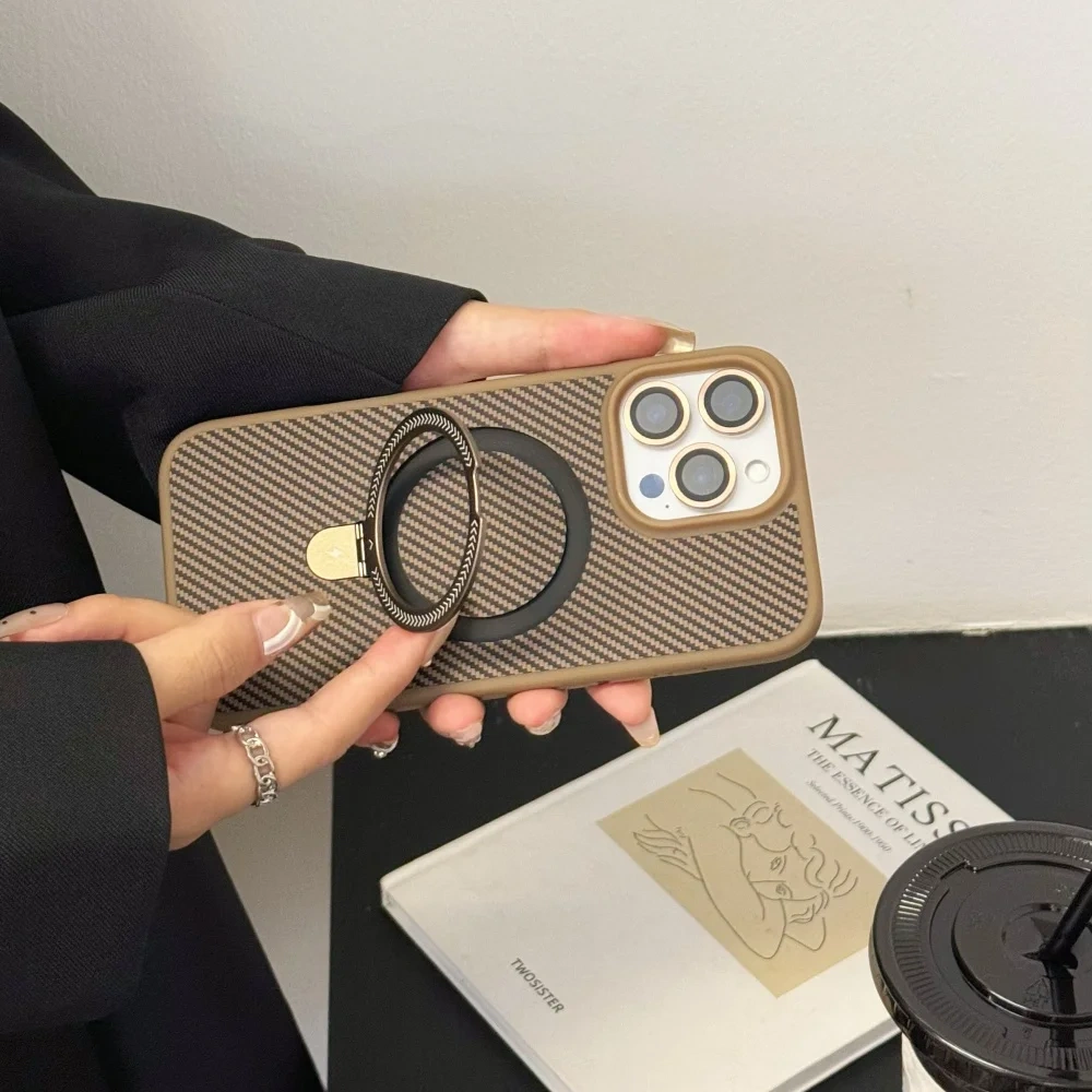 Armor Carbon Fiber Magnetic Bracket Stand Matte Case for iPhone 17 Air 16 15 14 Plus 13 12 11 Pro Max for iPhone Holder Cover