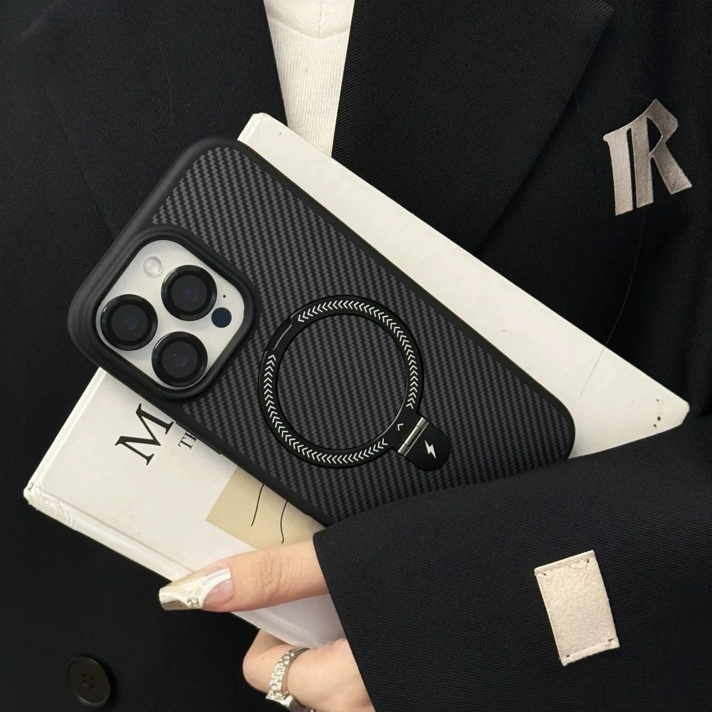 Armor Carbon Fiber Magnetic Bracket Stand Matte Case for iPhone 17 Air 16 15 14 Plus 13 12 11 Pro Max for iPhone Holder Cover