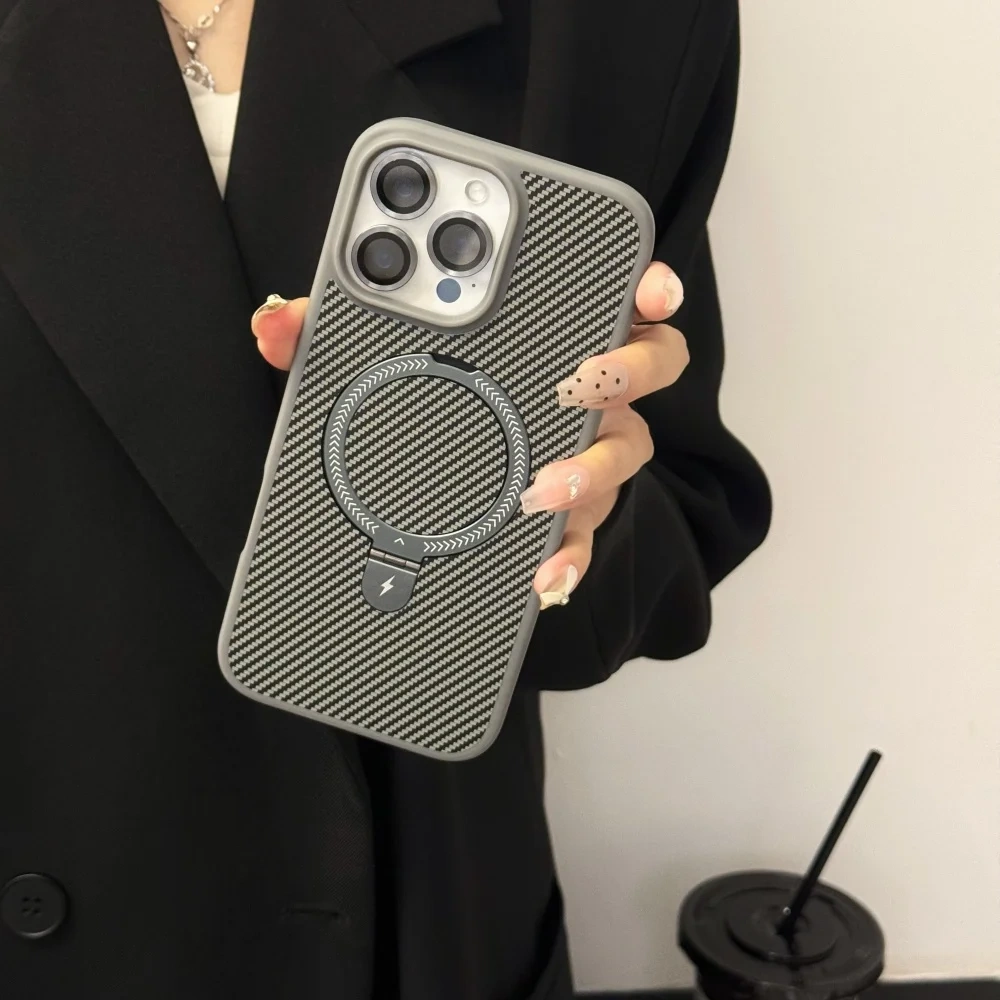 Armor Carbon Fiber Magnetic Bracket Stand Matte Case for iPhone 17 Air 16 15 14 Plus 13 12 11 Pro Max for iPhone Holder Cover