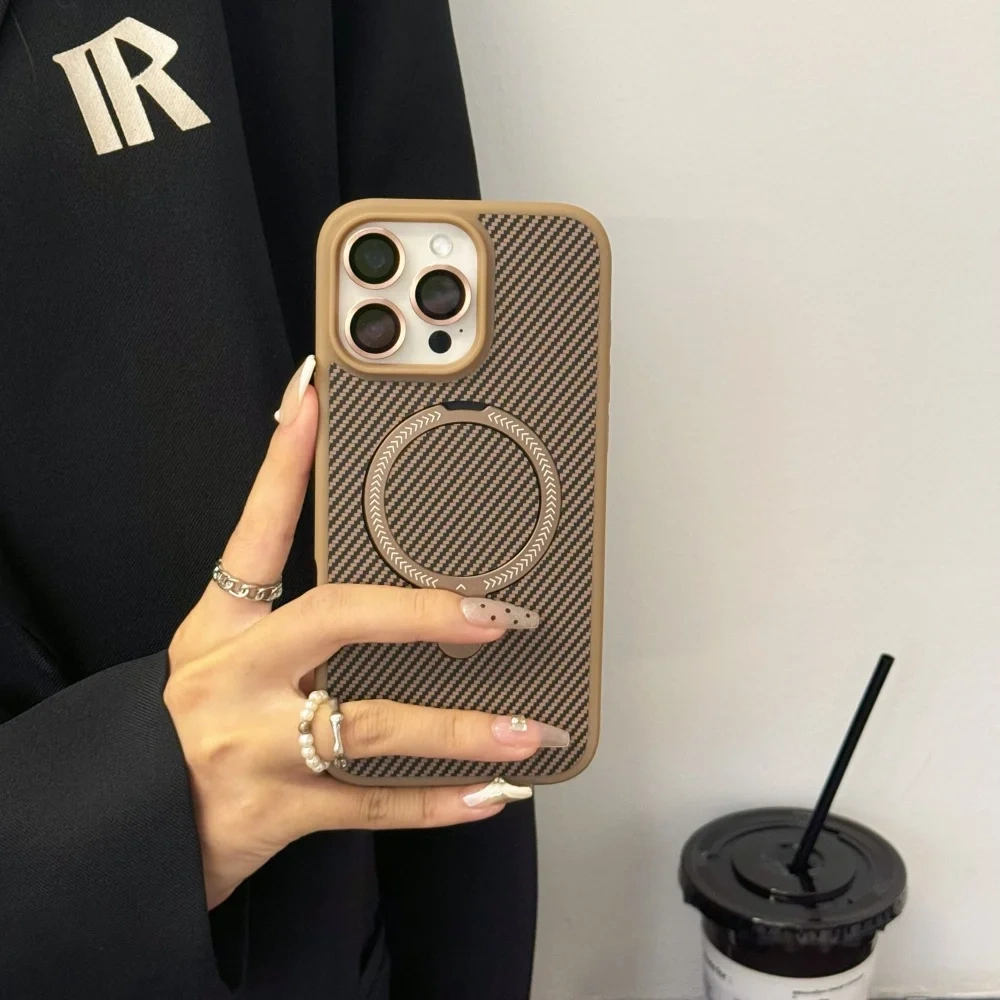 Armor Carbon Fiber Magnetic Bracket Stand Matte Case for iPhone 17 Air 16 15 14 Plus 13 12 11 Pro Max for iPhone Holder Cover