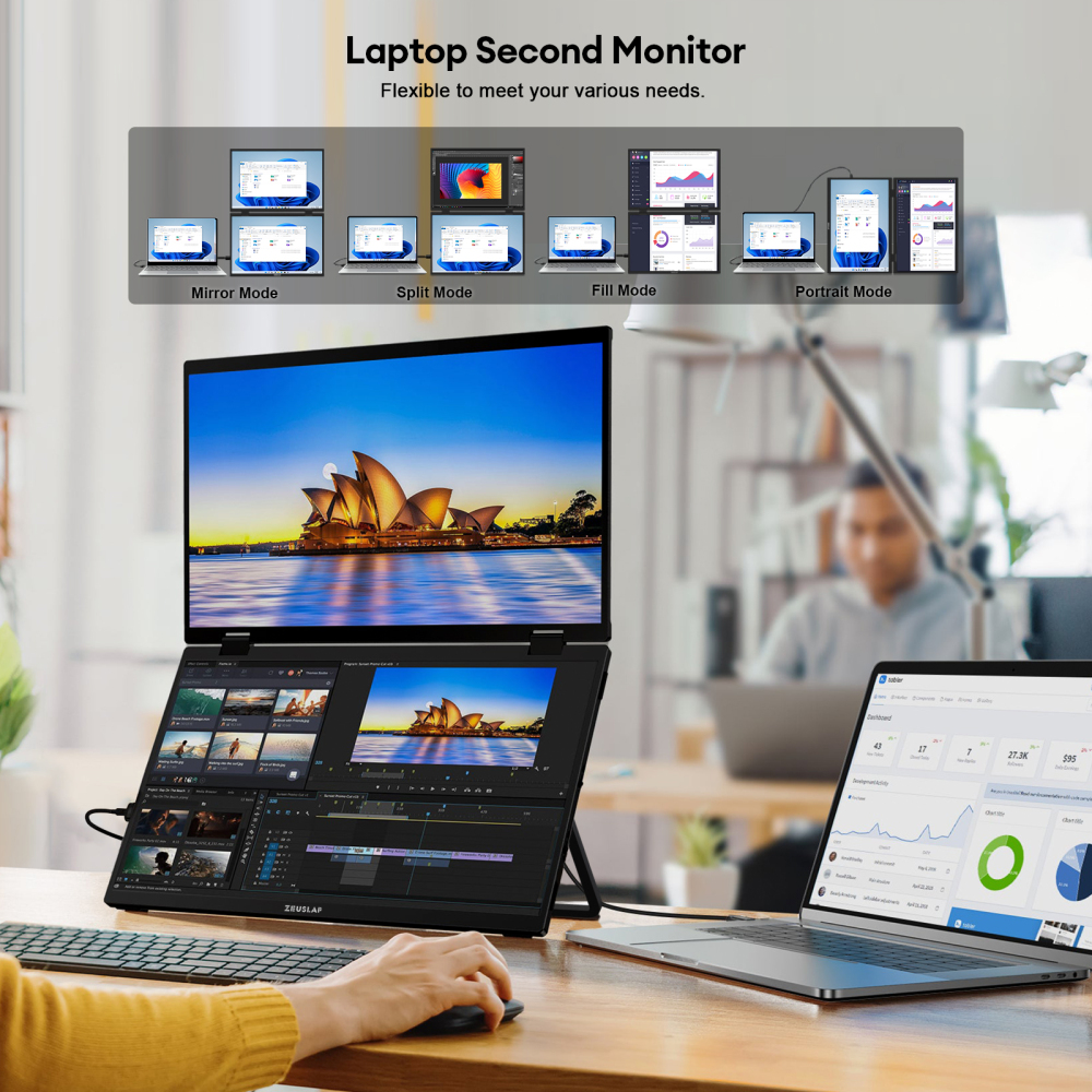 ZEUSLAP-Z15W 15.6" Dual Portable Monitor FHD 100% sRGB – Foldable Dual-Screen Laptop Extender for Mac & Windows, 1080P IPS, Type-C/HDMI, Travel-Friendly with Stand & 65W Charger