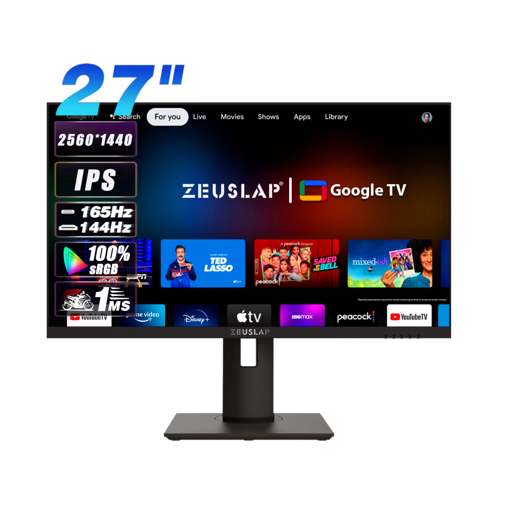 ZEUSLAP-Z27TV 27" Smart Google TV Monitor – 2.5K 165Hz, Netflix HD Certified, HDR10+, Android 11, Voice Remote, Chromecast Built-in, 100x100mm VESA (Dolby Audio, 2GB RAM)