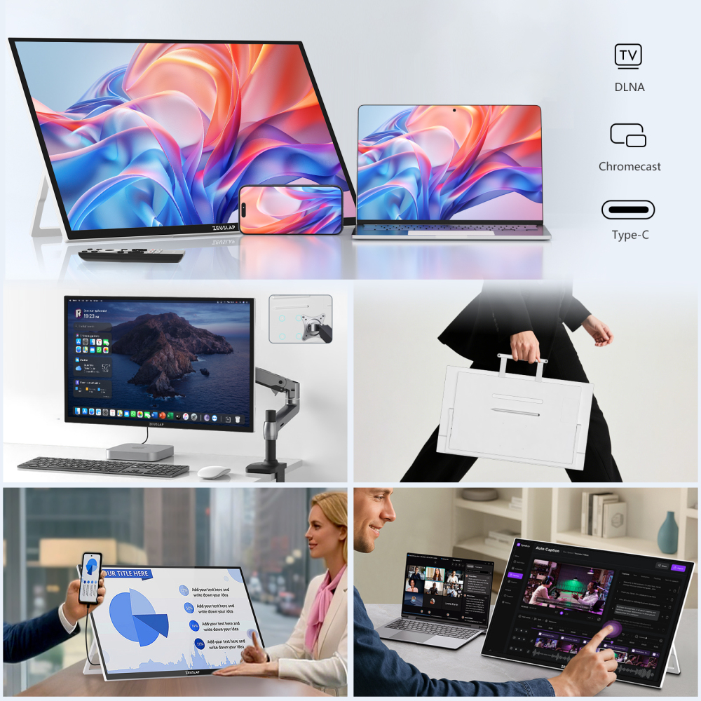 ZEUSLAP-Z22TV PRO 22" QHD Smart Android TV Monitor - 2560x1440, 7500mAh Battery, MPP2.0 Stylus Support, Google TV, Matte Anti-Glare, Portable Handbag Design & VESA Mount"