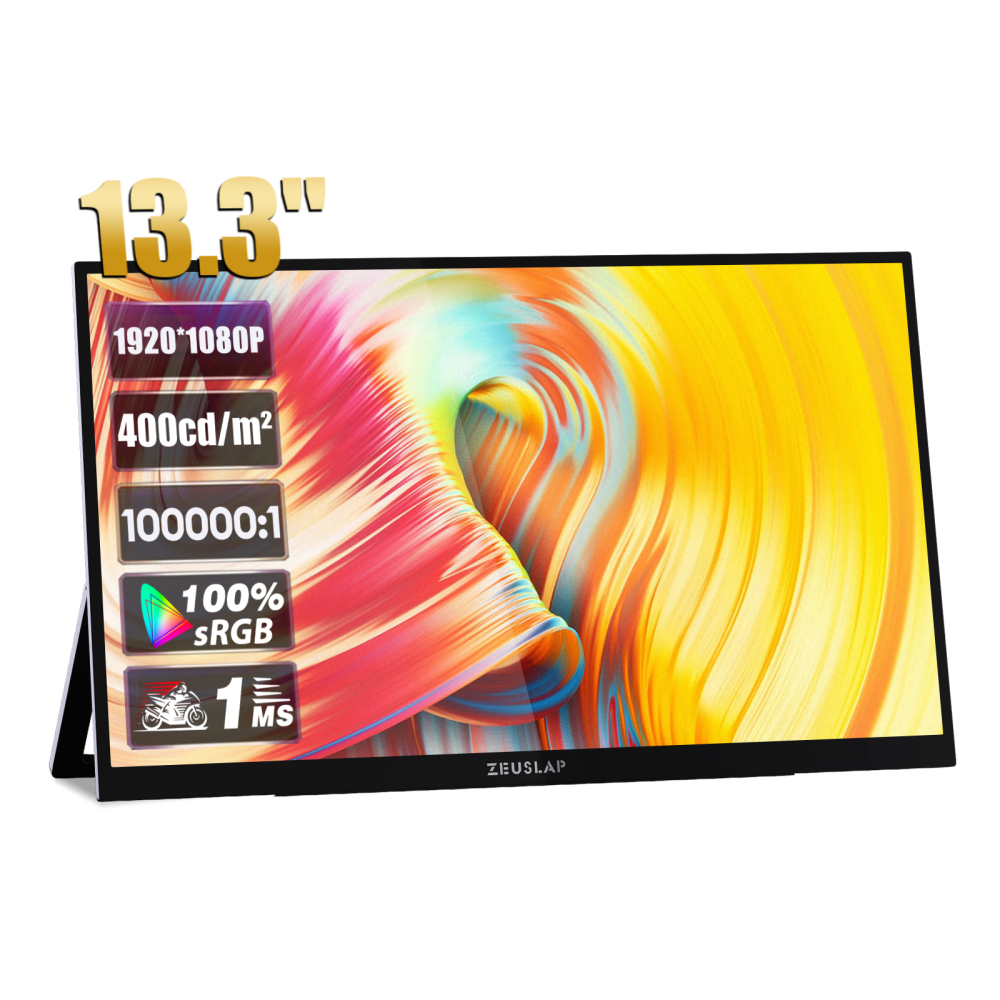 ZEUSLAP-OL133ED 13.3" OLED Portable Monitor - 1080P 100% DCI-P3, 10-Point Touch, Anti-Glare, Dual Thunderbolt+HDMI, Smart Stand for Phone DEX,SWITCH,PC Second Touching Monitor