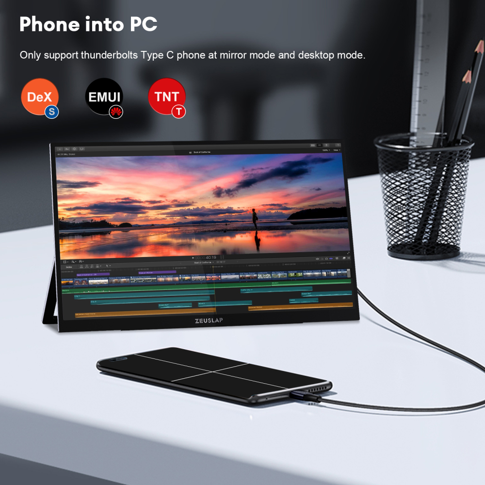 ZEUSLAP-OL133ED 13.3" OLED Portable Monitor - 1080P 100% DCI-P3, 10-Point Touch, Anti-Glare, Dual Thunderbolt+HDMI, Smart Stand for Phone DEX,SWITCH,PC Second Touching Monitor