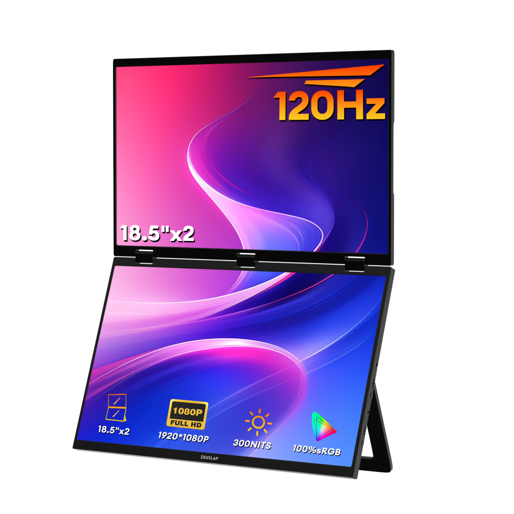 ZEUSLAP 18.5" Foldable Triple Monitor - Dual FHD 100% sRGB Screens, No-Driver Plug&Play, USB-C/HDMI for Windows/Mac, Back Stand & 65W Charger