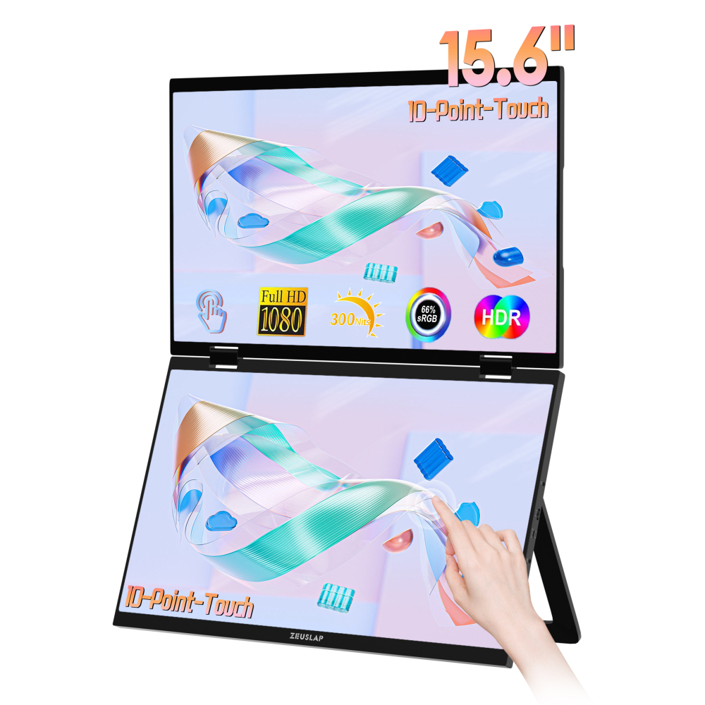 ZEUSLAP Z15WT 15.6" Dual Touch Portable Monitor - Foldable Dual FHD Screens, 10-Point Touch, Thunderbolt/USB-C/HDMI for Windows/Mac,  Back Stand & PD 65W Charger, DisplayLink Drivered Needed for Mac OS