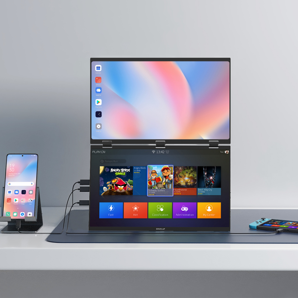 ZEUSLAP 18.5" Foldable Triple Monitor - Dual FHD 100% sRGB Screens, No-Driver Plug&Play, USB-C/HDMI for Windows/Mac, Back Stand & 65W Charger