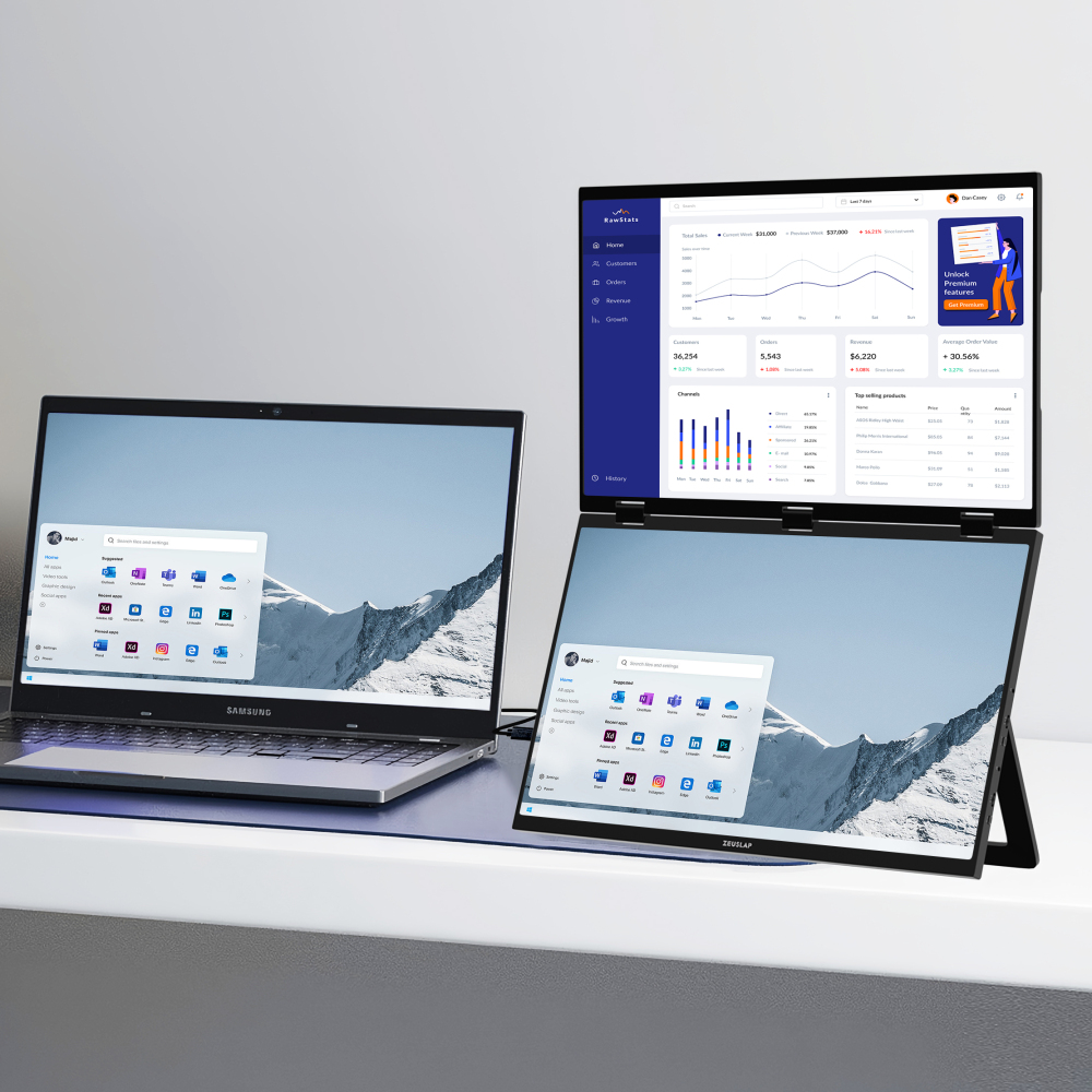 ZEUSLAP 18.5" Foldable Triple Monitor - Dual FHD 100% sRGB Screens, No-Driver Plug&Play, USB-C/HDMI for Windows/Mac, Back Stand & 65W Charger