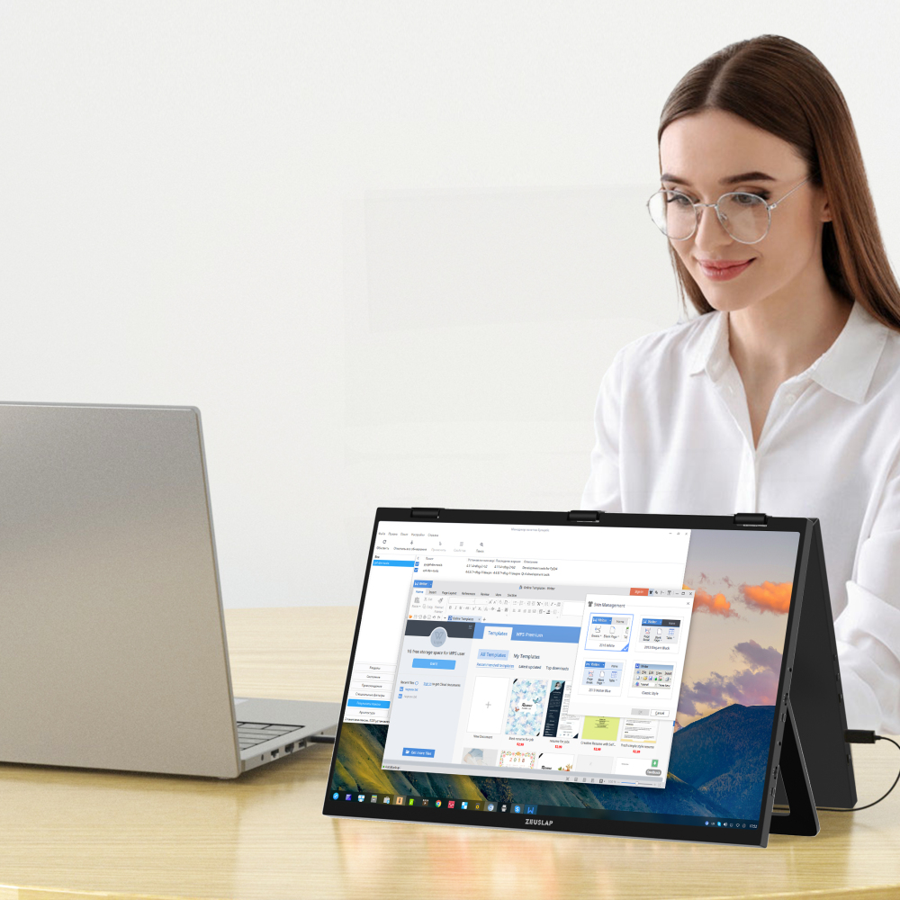 ZEUSLAP 18.5" Foldable Triple Monitor - Dual FHD 100% sRGB Screens, No-Driver Plug&Play, USB-C/HDMI for Windows/Mac, Back Stand & 65W Charger