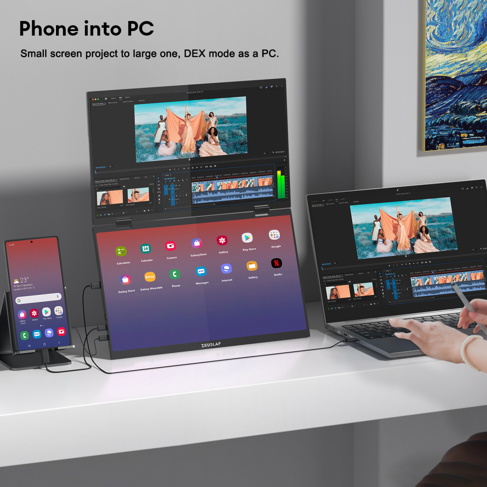 ZEUSLAP Z15WT 15.6" Dual Touch Portable Monitor - Foldable Dual FHD Screens, 10-Point Touch, Thunderbolt/USB-C/HDMI for Windows/Mac,  Back Stand & PD 65W Charger, DisplayLink Drivered Needed for Mac OS