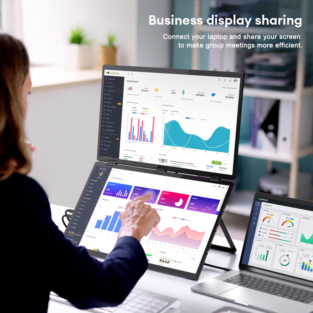 ZEUSLAP Z15WT 15.6" Dual Touch Portable Monitor - Foldable Dual FHD Screens, 10-Point Touch, Thunderbolt/USB-C/HDMI for Windows/Mac,  Back Stand & PD 65W Charger, DisplayLink Drivered Needed for Mac OS