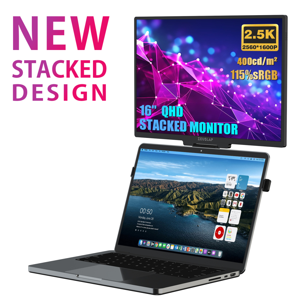 ZEUSLAP-Z16H Float 16" QHD Stacked Monitor - 2560x1600 115% sRGB, 180° Foldable, Built-in Kickstand, Plug&Play for Laptop/Switch (Mac/Win/Linux)