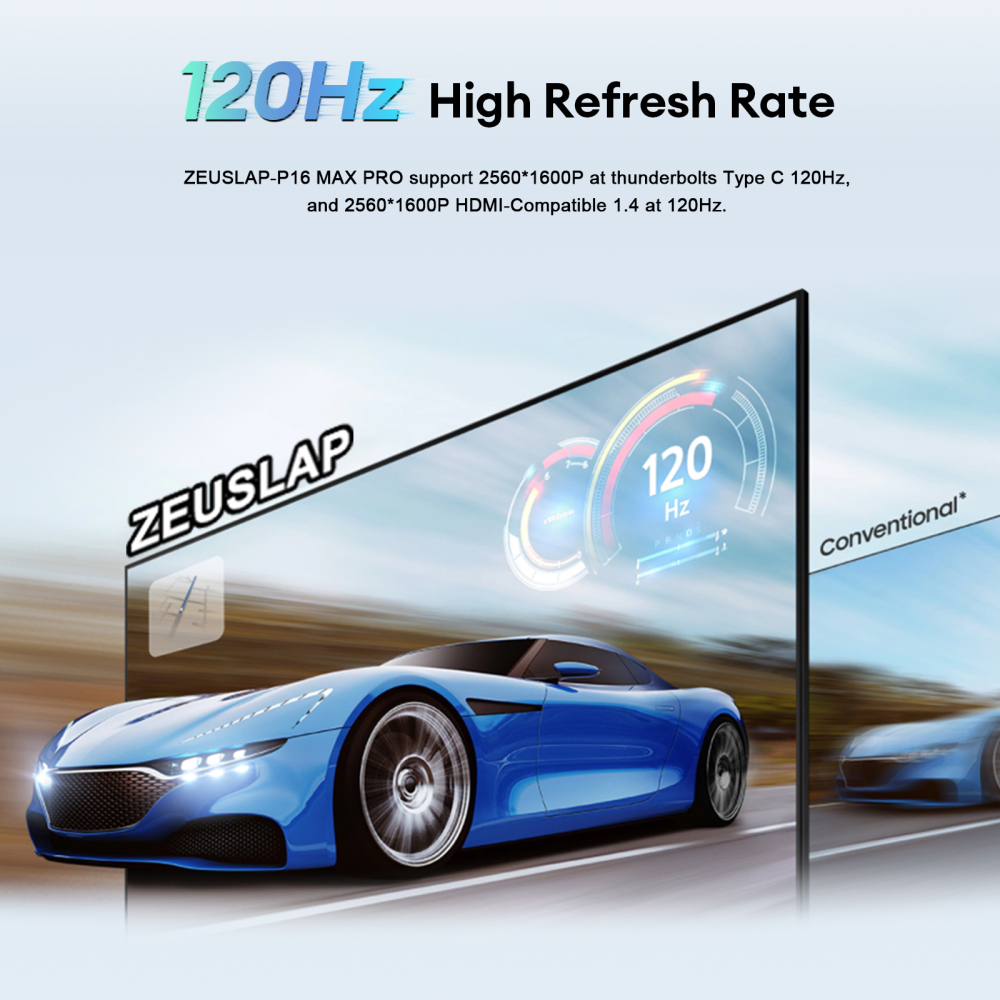 ZEUSLAP-P16 MAX PRO 16" 2.5K Touch Monitor - 2560x1600 120Hz, 4096-Level Stylus, 100% sRGB, Gravity Rotation, Dual Thunderbolt, OD Boost