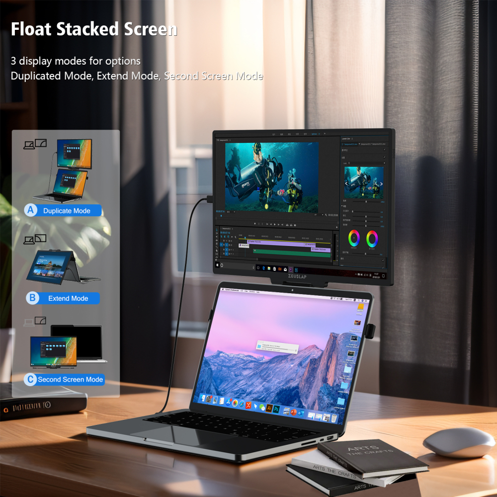 ZEUSLAP-Z16H Float 16" QHD Stacked Monitor - 2560x1600 115% sRGB, 180° Foldable, Built-in Kickstand, Plug&Play for Laptop/Switch (Mac/Win/Linux)