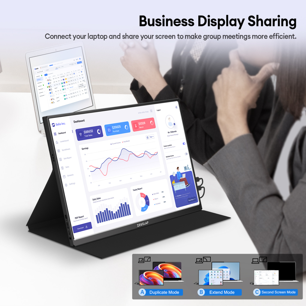 ZEUSLAP-P16 16" Portable Monitor - 1920x1200 FHD 100% sRGB, 400Nits, Dual Thunderbolt, 16:10 Aspect Ratio, Magnetic Sleeve & OD Boost