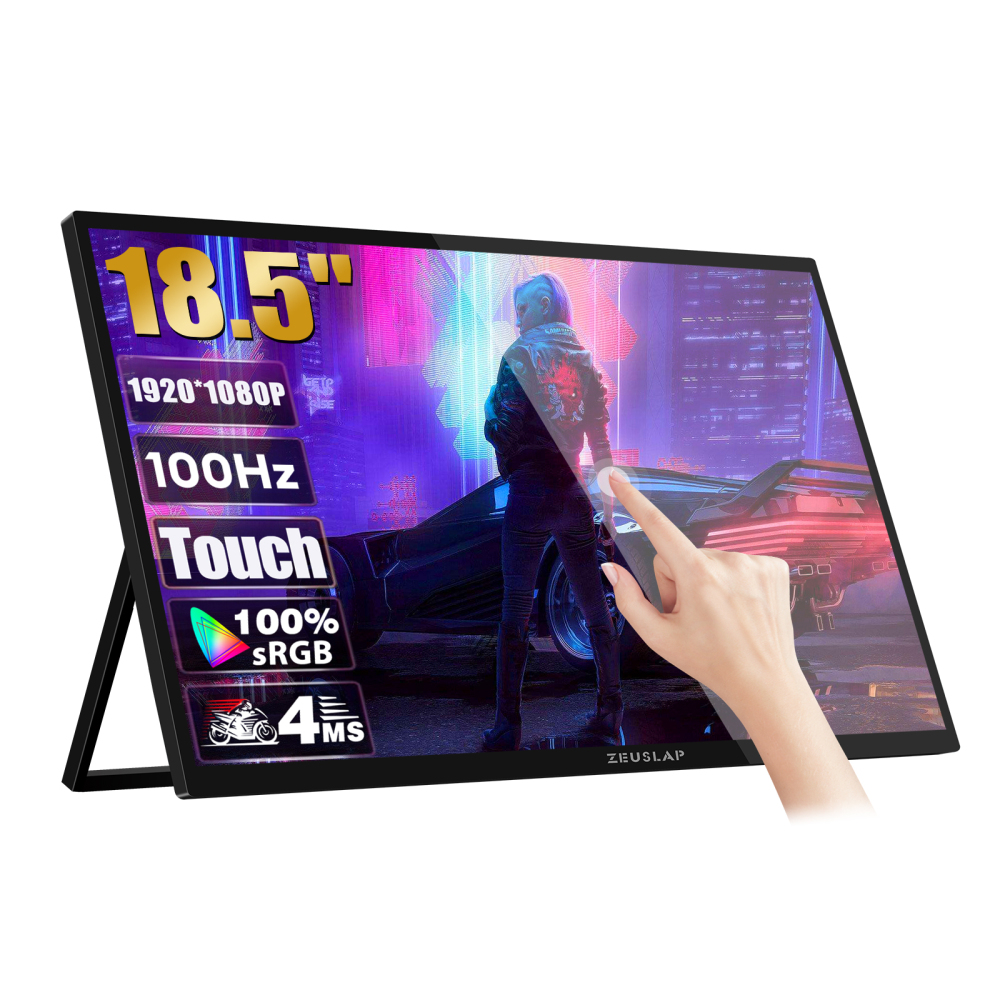 ZEUSLAP-Z18T 18.5" 100Hz Touch Portable Monitor - 1080P FHD 100% sRGB, 10-Point Touch, Dual Thunderbolt+HDMI, Adjustable Stand & 30W Charger