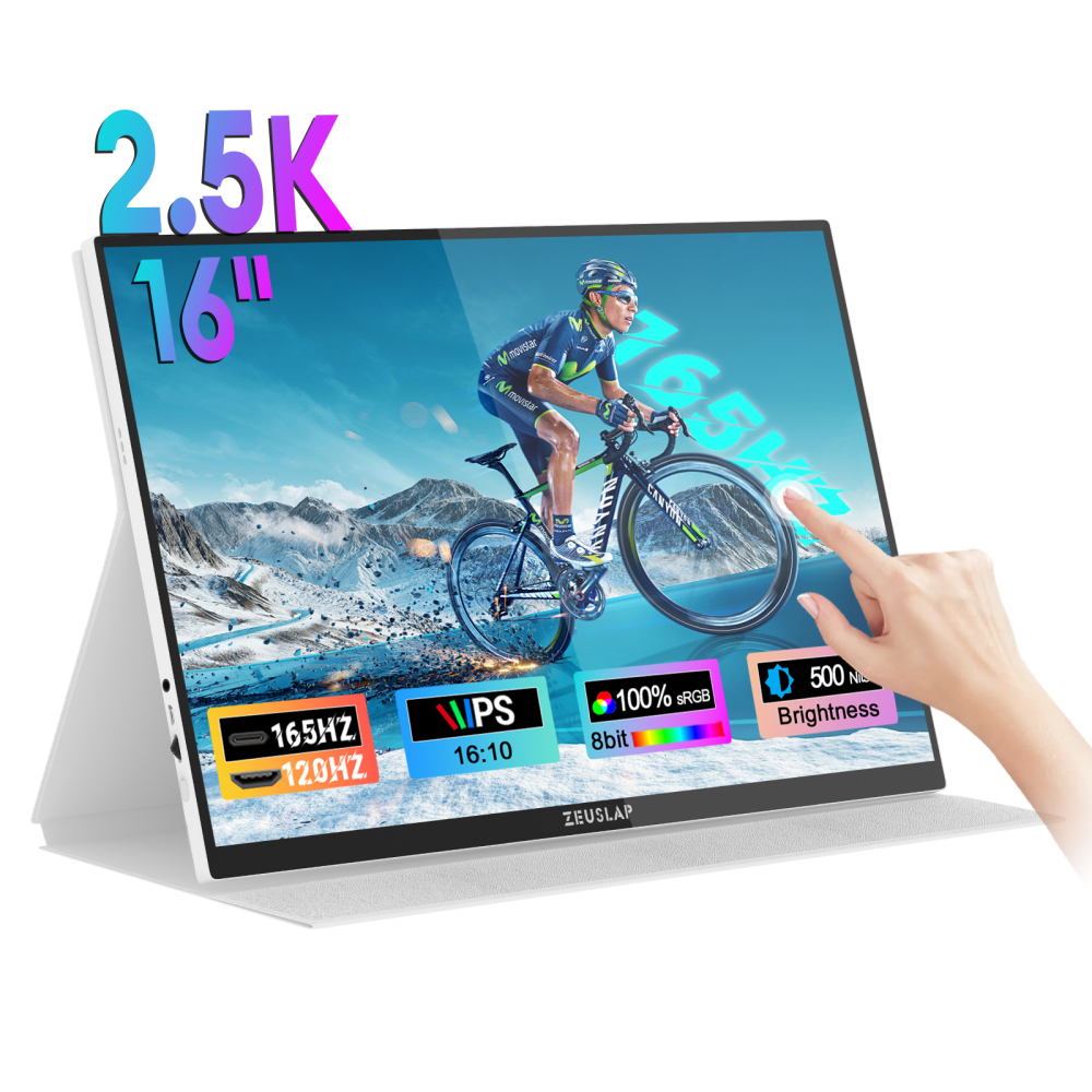 ZEUSLAP-P16KT PRO 16"  QHD 165HzTouch Gaming Monitor - 2560x1600P, 100% sRGB, 500Nits, Dual Thunderbolt, Metal Body, PD 30W Charge, White and Black For Option