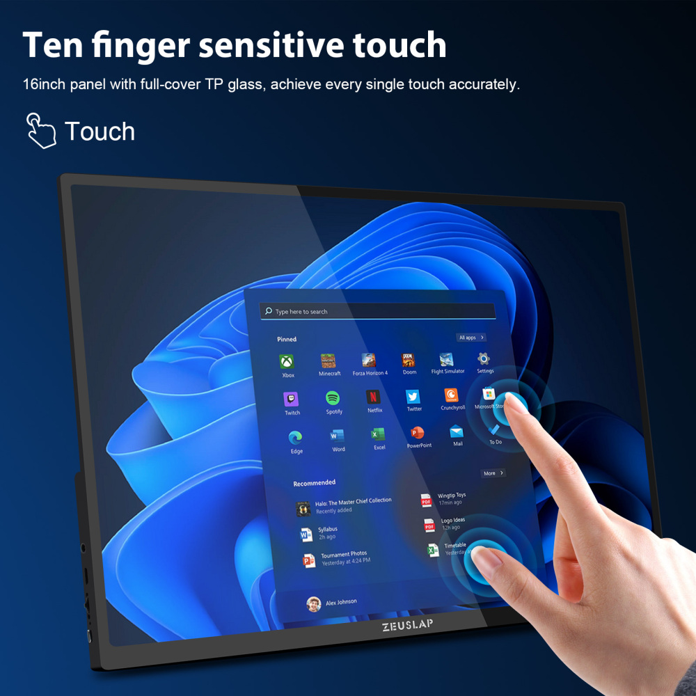 ZEUSLAP-P16ST 16" QHD 144Hz Touch Portable Monitor - 2560x1600P, 100% sRGB, Built-in Stand