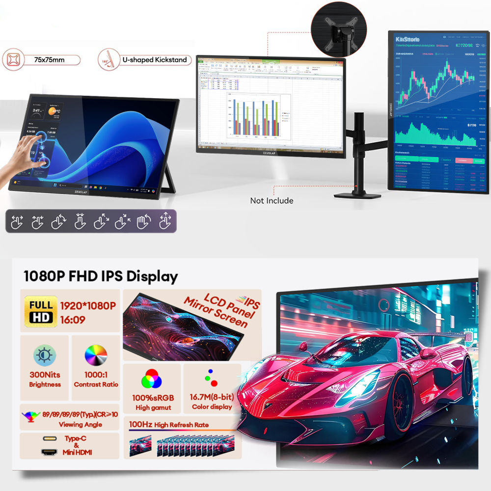 ZEUSLAP-Z18T 18.5" 100Hz Touch Portable Monitor - 1080P FHD 100% sRGB, 10-Point Touch, Dual Thunderbolt+HDMI, Adjustable Stand & 30W Charger