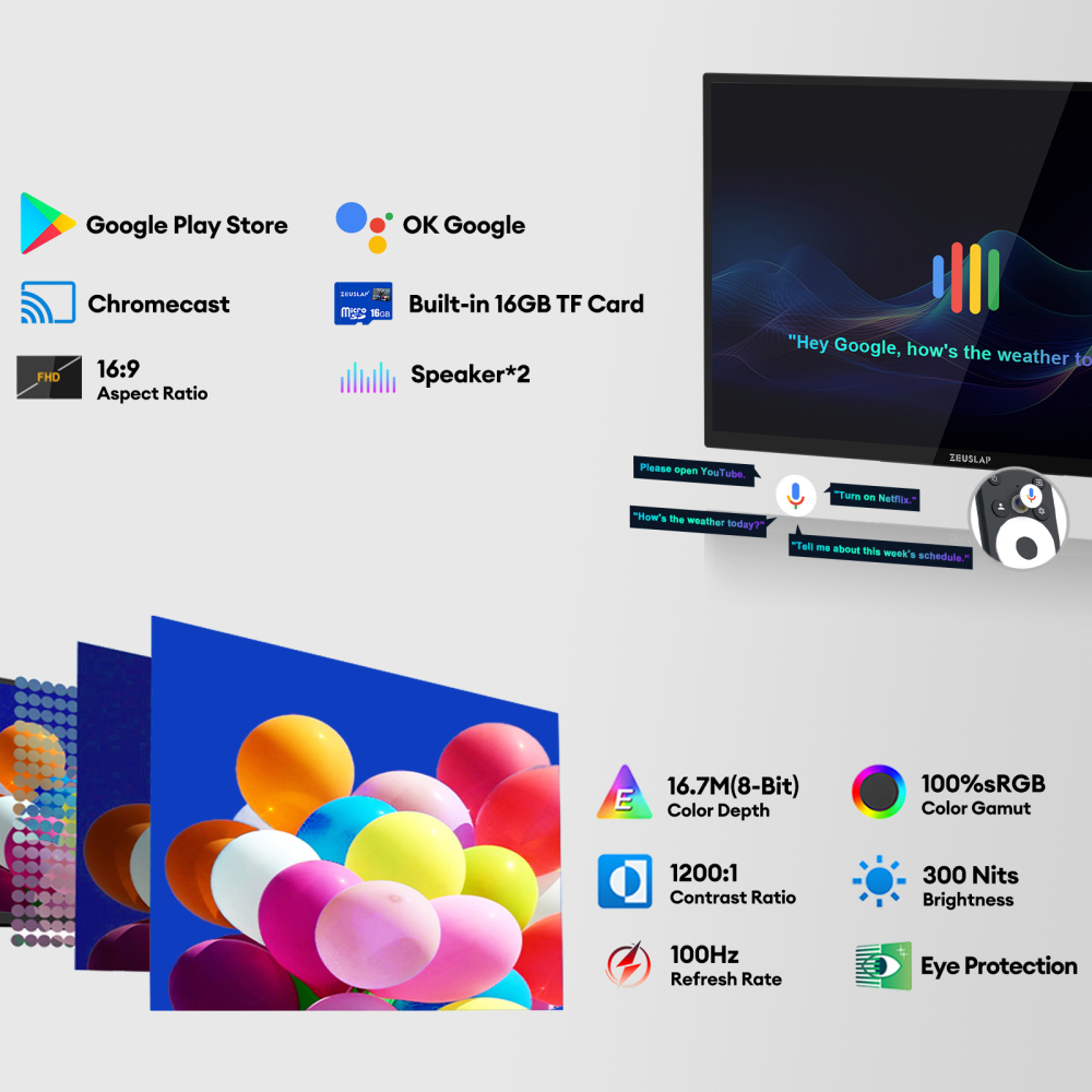 ZEUSLAP-Z18TV Pro 18.5" Smart Touchscreen Monitor with Google TV - Full HD 1080P IPS HDR10+, Netflix HD, Chromecast Built-in, 10-Point Touch, Dolby Audio, VESA Mount, Includes 16GB TF Card & Remote (TV/Monitor Dual Mode)
