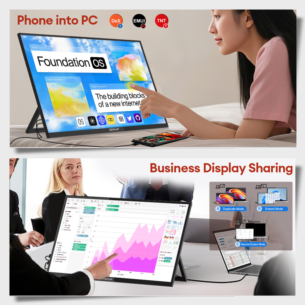 ZEUSLAP-Z18T 18.5" 100Hz Touch Portable Monitor - 1080P FHD 100% sRGB, 10-Point Touch, Dual Thunderbolt+HDMI, Adjustable Stand & 30W Charger