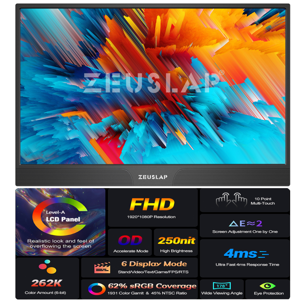ZEUSLAP Z15ST 15.6" Portable Touchscreen Monitor | 1080P 10-Point Touch | USB-C & Mini HDMI | Built-in Speakers, Ultra-Thin, for Laptop, PC, Phone, Nintendo Switch