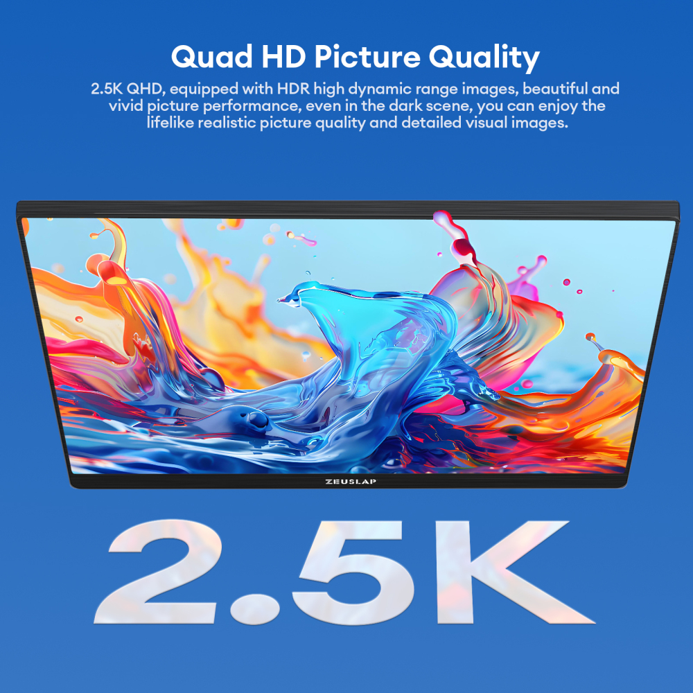 ZEUSLAP-Z16S 16" QHD 144Hz Portable Monitor - 2560x1600P, 100% sRGB,Travel Gaming Display for Laptop Switch PS4 PS5 Xbox