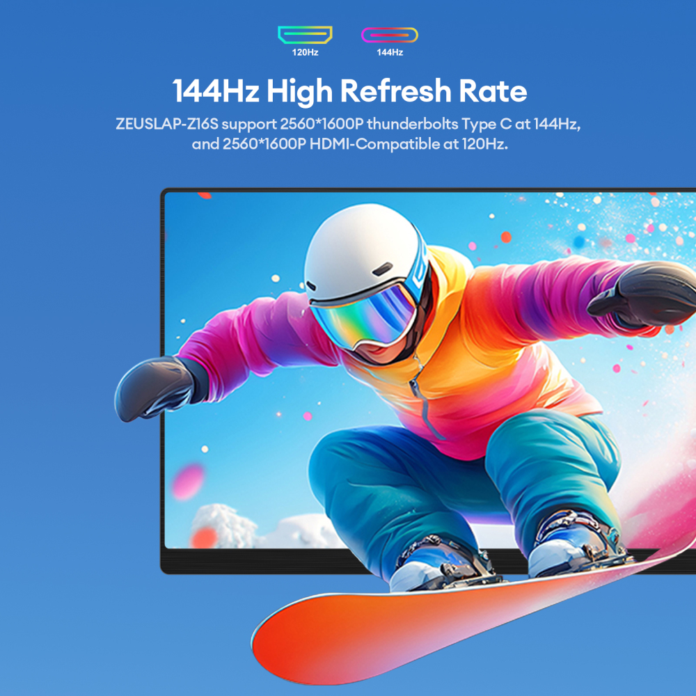 ZEUSLAP-Z16S 16" QHD 144Hz Portable Monitor - 2560x1600P, 100% sRGB,Travel Gaming Display for Laptop Switch PS4 PS5 Xbox