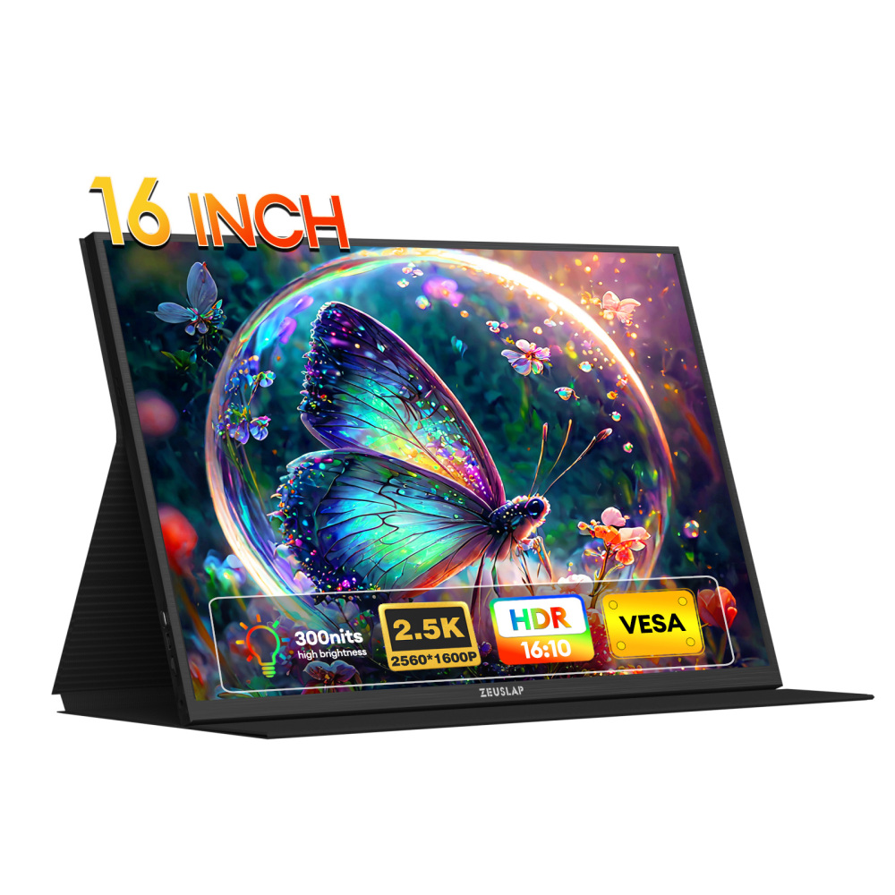 ZEUSLAP-P25K 16" QHD 60Hz Portable Monitor - 2560x1600P, 100% sRGB, 500Nits, Travel Gaming Display for Laptop Switch PS4 PS5 Xbox