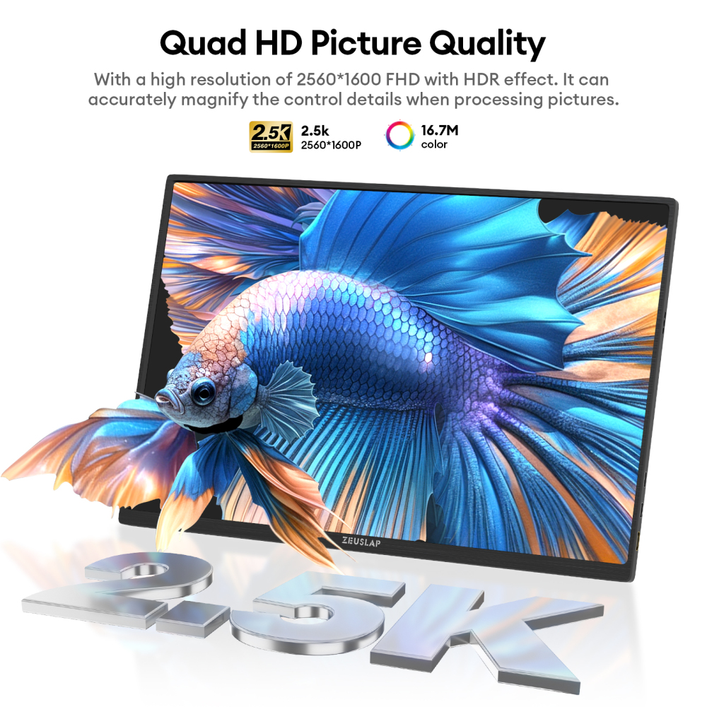 ZEUSLAP-P25K 16" QHD 60Hz Portable Monitor - 2560x1600P, 100% sRGB, 500Nits, Travel Gaming Display for Laptop Switch PS4 PS5 Xbox