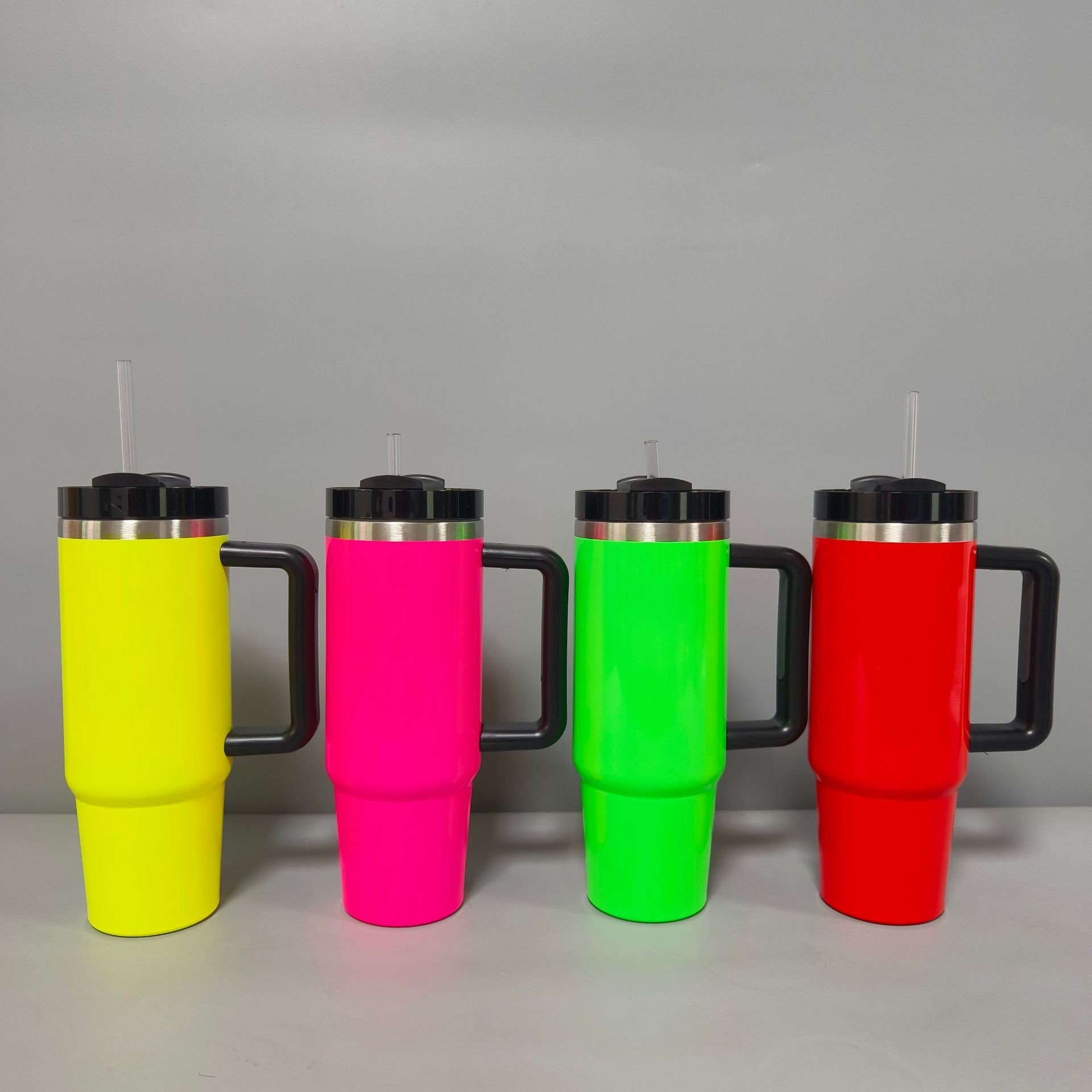 Bulk 30oz Double-Wall Stainless Steel Tumbler – Neon Fluorescent Coating, Handle & Straw Lid