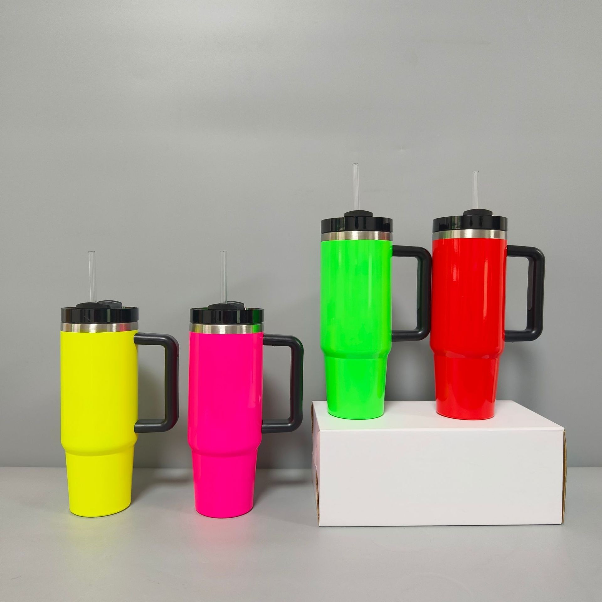 Bulk 30oz Double-Wall Stainless Steel Tumbler – Neon Fluorescent Coating, Handle & Straw Lid