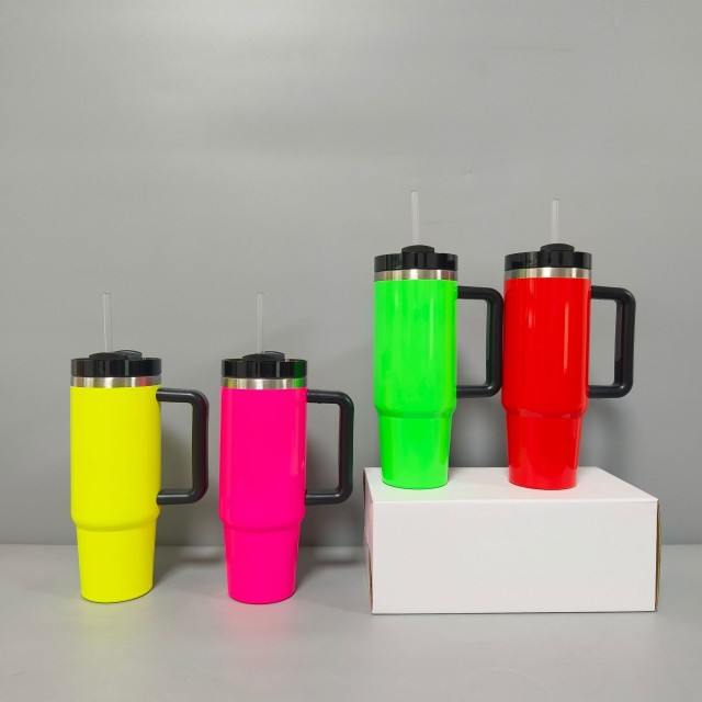 Bulk 30oz Double-Wall Stainless Steel Tumbler – Neon Fluorescent Coating, Handle & Straw Lid