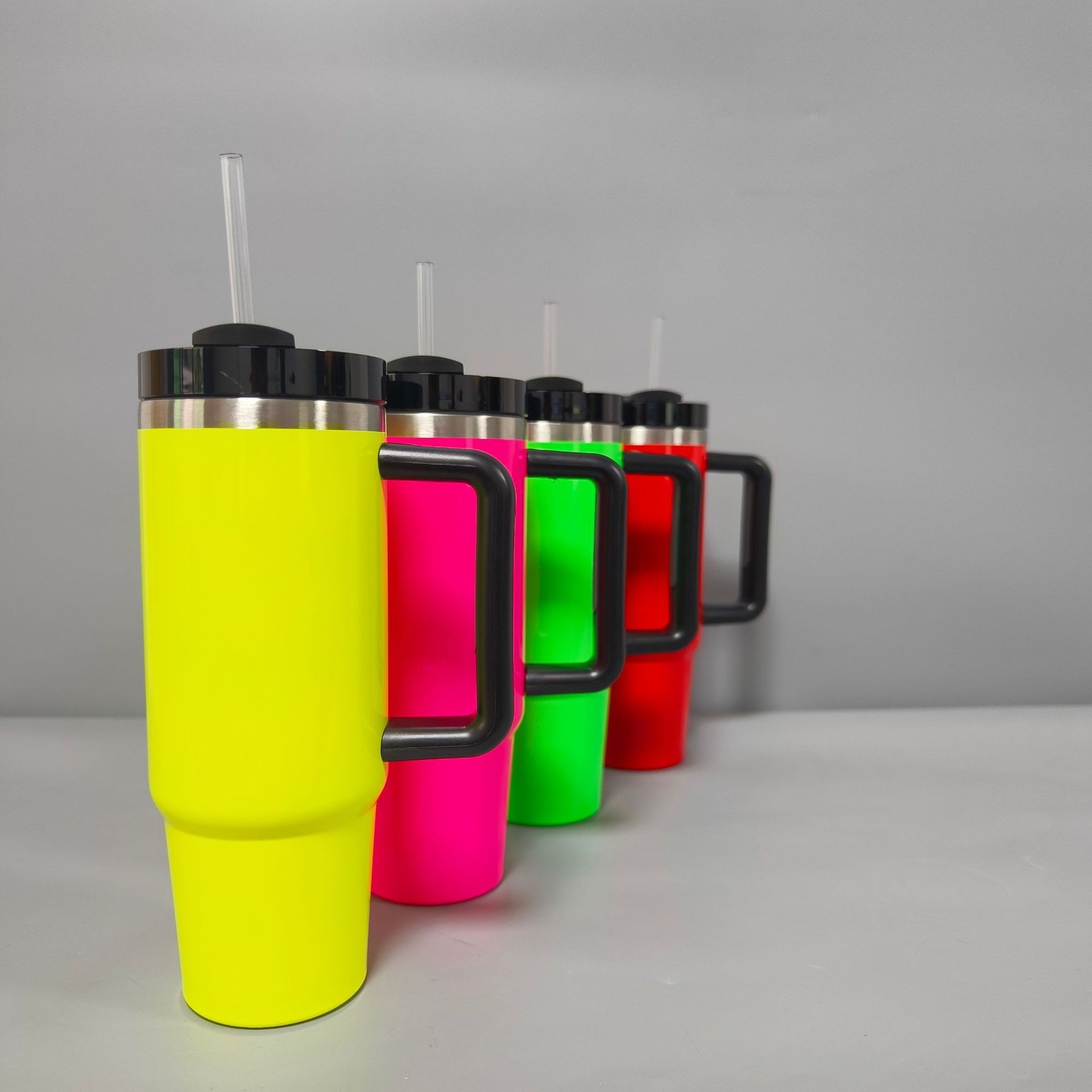 Bulk 30oz Double-Wall Stainless Steel Tumbler – Neon Fluorescent Coating, Handle & Straw Lid