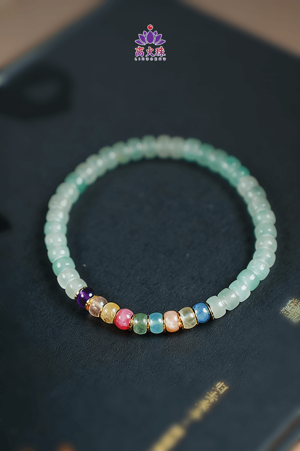 African Green Jade with 10-Colored Stones Fortune Bracelets