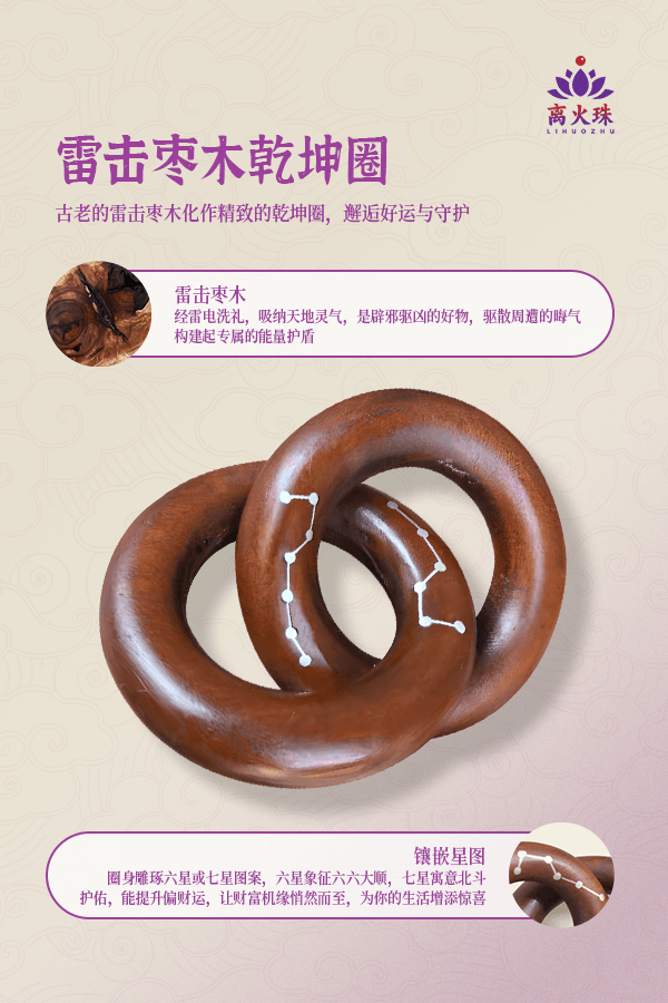 Lightning-Struck Jujube Wood Six-Star and Seven-Star Heaven-Earth Amulet Round Handheld Carving
