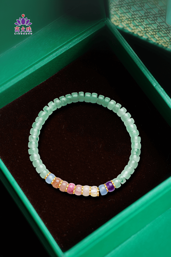 African Green Jade with 10-Colored Stones Fortune Bracelets